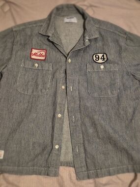 Old Navy Blue and White Striped Button-Up Shirt with Patches